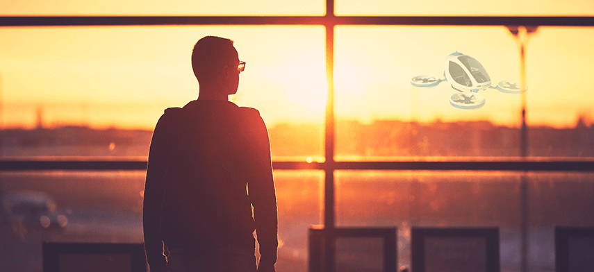 Man Waiting For Flying Taxi To Arrive.